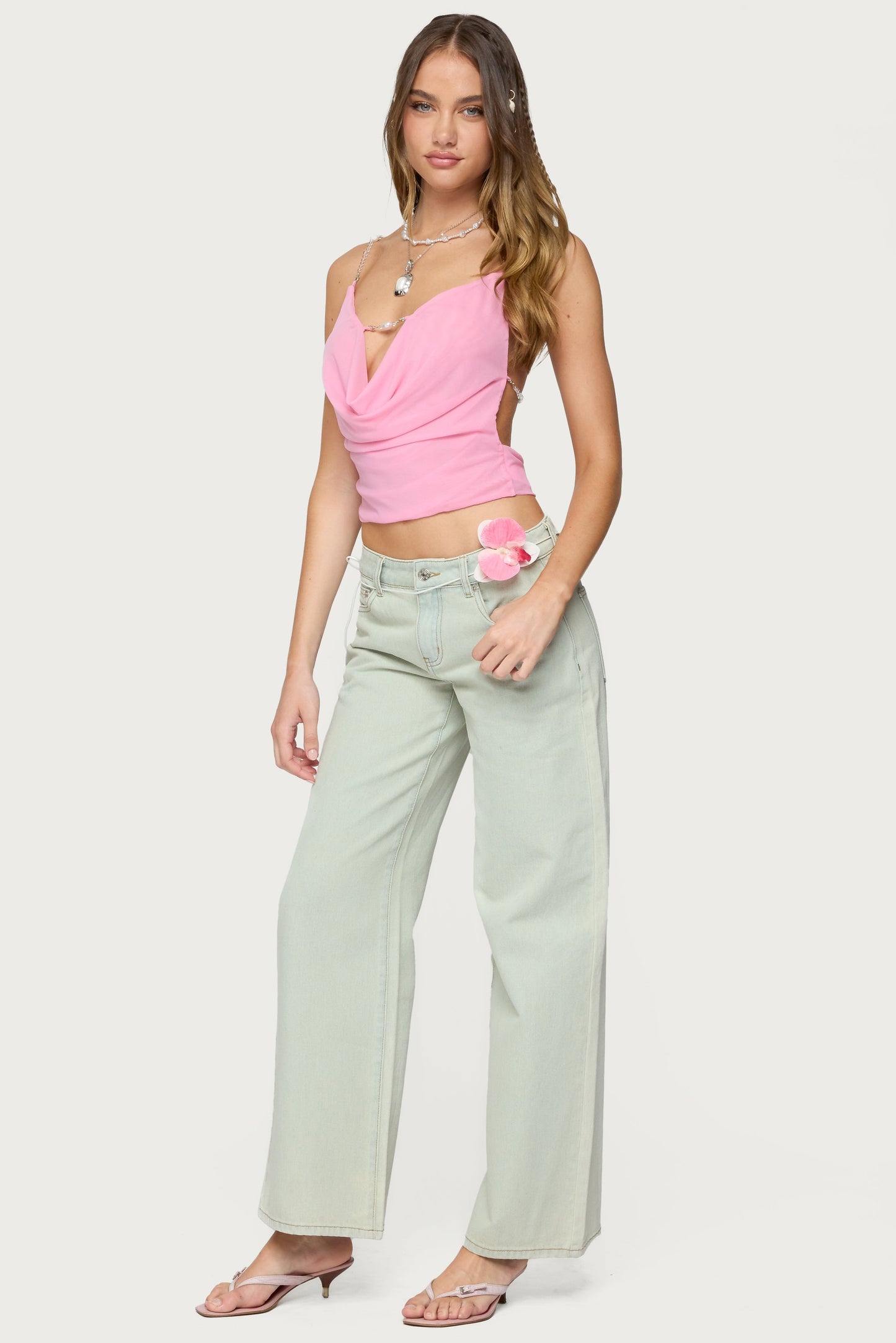 Beaded Deep Cowl Neck Backless Top