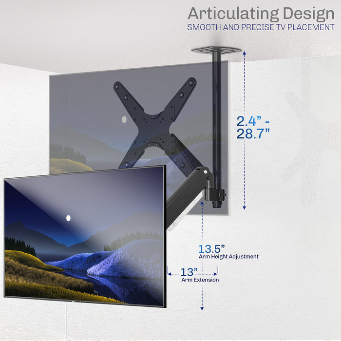 Articulating ceiling TV mount in black color.