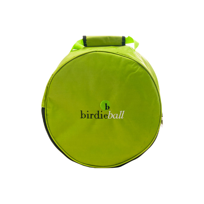 The BirdieBall Birdie Targets set includes 3 targets and a round, bright green bag with a black zipper, handle, and front logo—perfect for carrying your portable golf practice essentials.