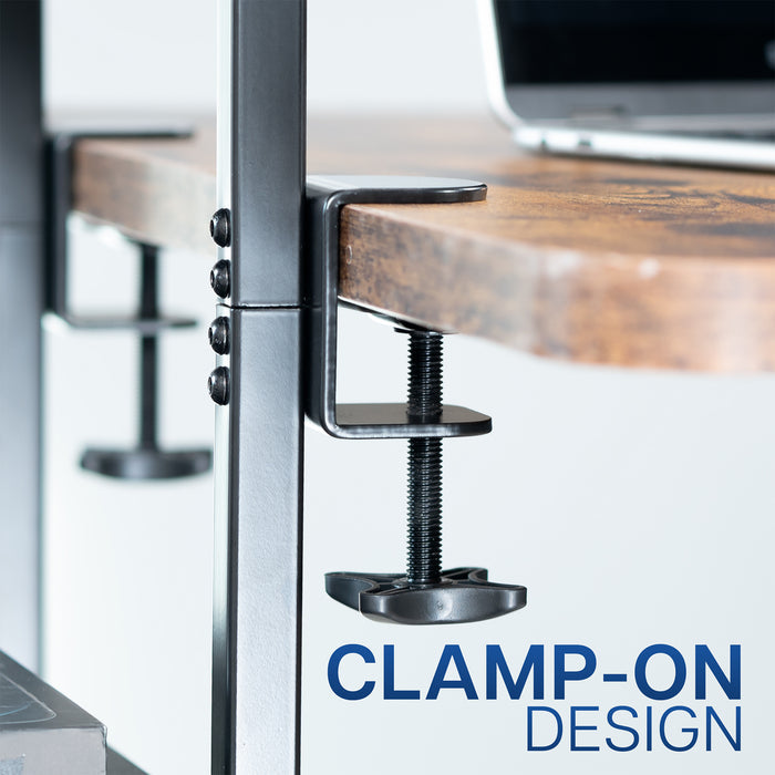 Above or below desk dual tier adjustable shelving system for flexible desk organization using convenient clamp-on storage. This versatile two-platform product can be arranged in multiple configurations to suit your workspace needs and aesthetic preferences.