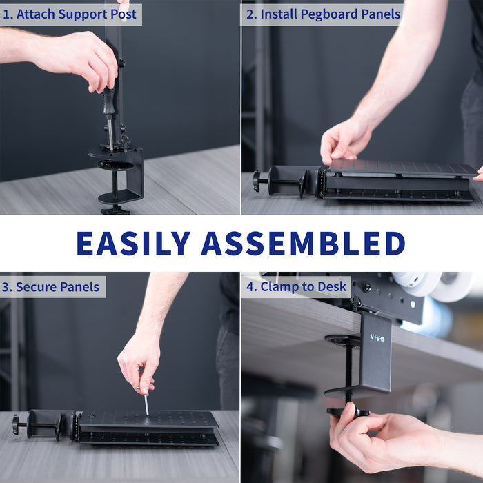 Clamp-on rotating pegboard for storage and privacy with accessories included. Double-sided organization panel featuring flexible placement and an easy assembly process.