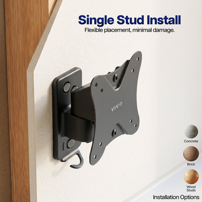 Compact modular TV wall mount securely installed on a single wall stud for small flat-screen displays