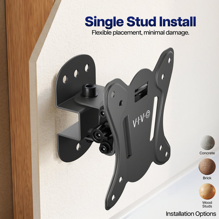 Compact modular TV wall mount securely installed on a single wall stud for small screens