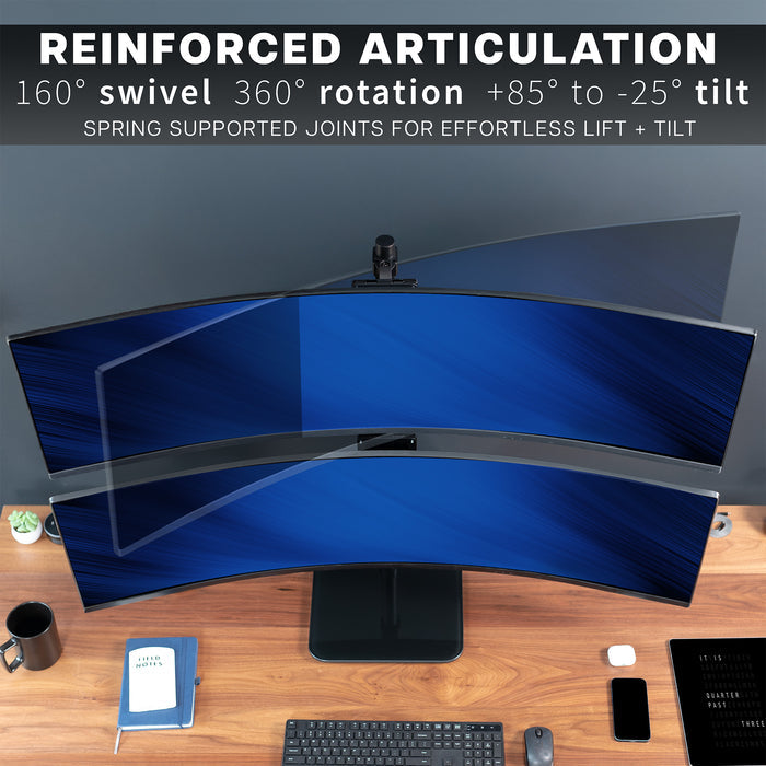 Multi-monitor setup on a desk with text about monitor articulation features.