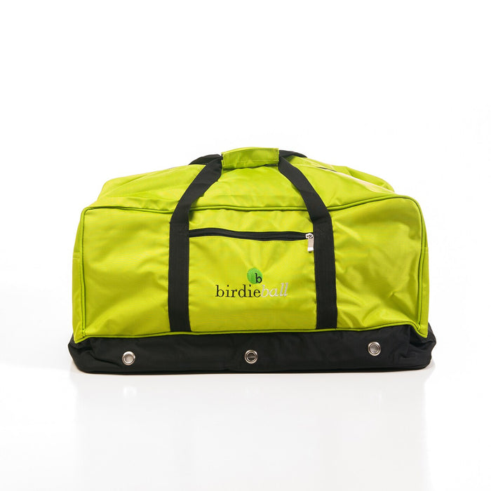 The BirdieBall Duffle Bag features a bright green and black design, front zipper pocket, detachable shoulder strap, and the BirdieBall logo on the frontโideal for storing your practice gear. Photographed against a white background.