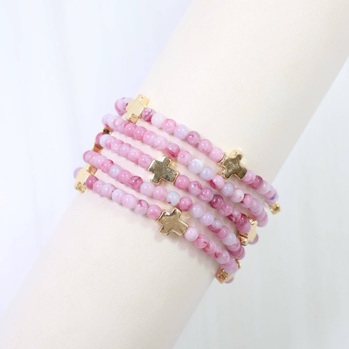 Flint Beaded Cross Stretch Bracelet Set (Pink)