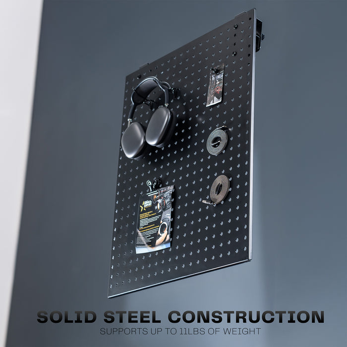A black pegboard with heavy duty construction.