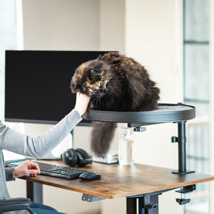 Clamp-on cat bed gives your kitty a comfortable place to rest off of the desk surface.