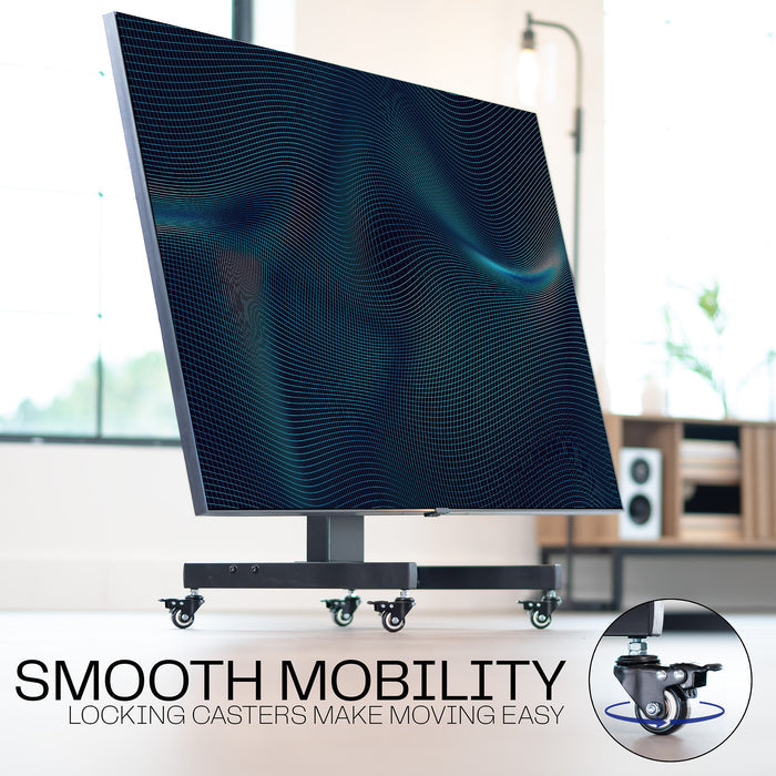 A low height mobile TV cart with a black frame and wheels with text on mobility.