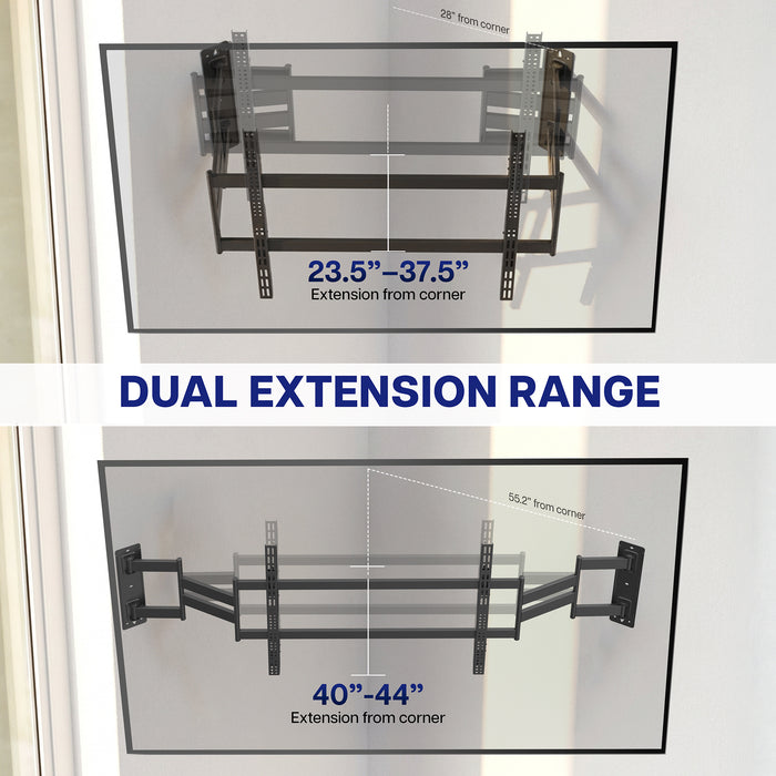 Large TV wall mount with dual articulating extension arms for flexible screen positioning and extended reach