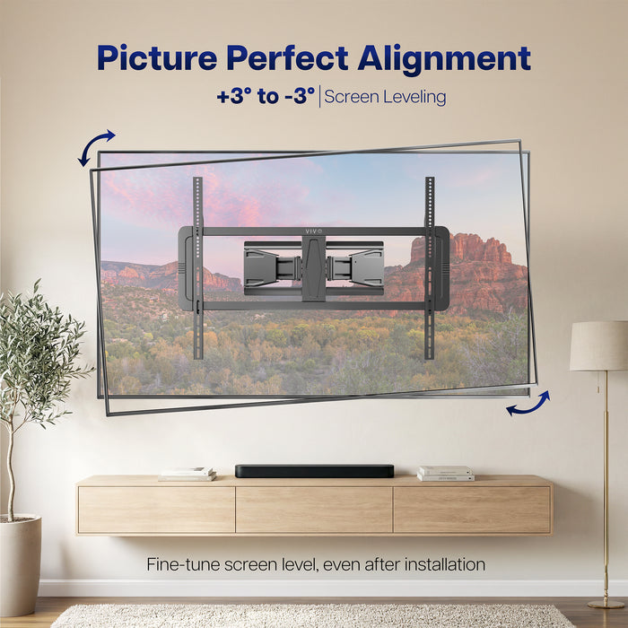 Adjustable TV wall mount providing precise leveling and alignment for a clean, centered flat-screen installation