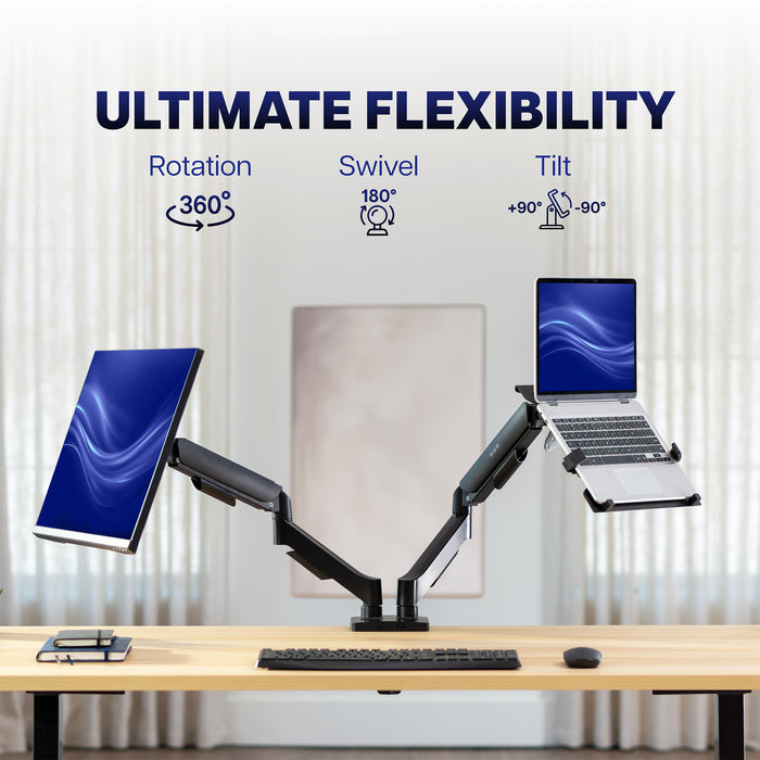 Flexible monitor and laptop mount with adjustable arms for customized screen and laptop positioning