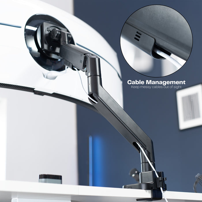 Monitor with an adjustable arm with built-in cable management feature highlighted.