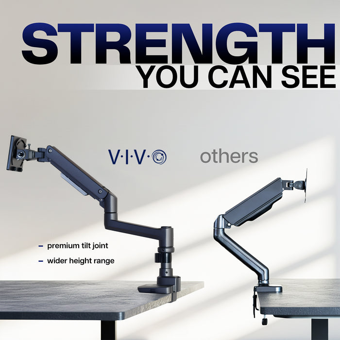 Heavy-duty adjustable monitor arm comparison showing a premium tilt joint, wider height range, and sturdy desk clamp for enhanced strength and stability.