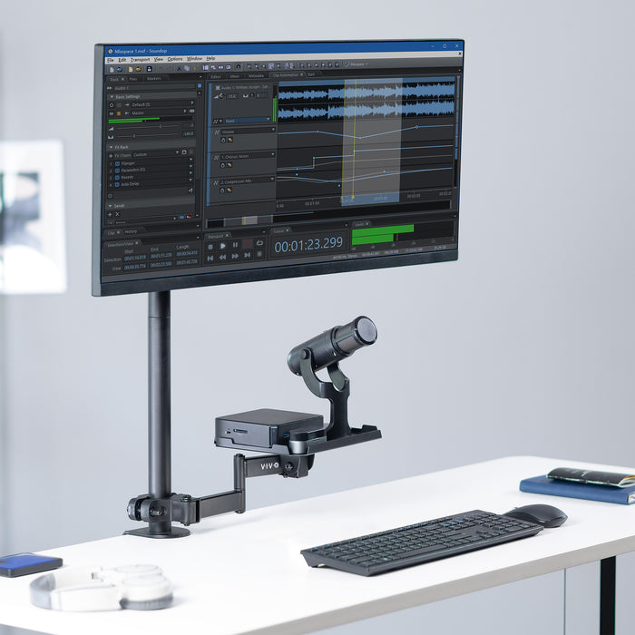 A black pole mount shelf with an articulating arm designed to attach to a pole.