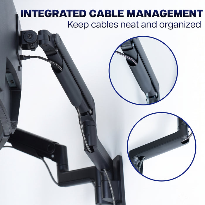 Dual monitor wall mount with integrated cable management for organized cords and a clutter-free desk setup
