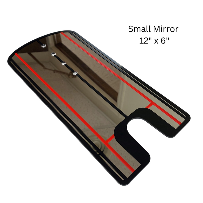 The BirdieBall Putting Mirror is a rectangular 12x6-inch golf training aid featuring red alignment lines and a cut-out section, shown against a plain background—perfect for improving your putting skills.