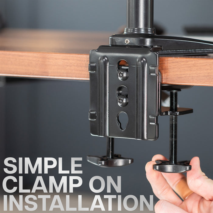 Hand installing a clamp on a wooden desktop with text 'Simple Clamp On Installation'.