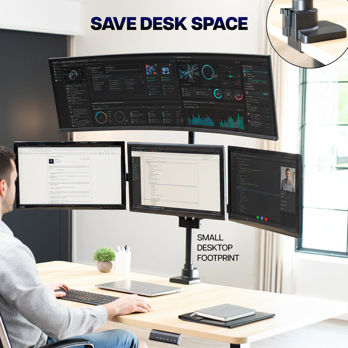 Space-saving quad monitor desk stand elevating four screens to maximize usable desktop workspace