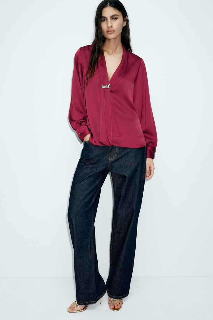 Satin V-Neck Blouse & Wide-Leg Jeans Set