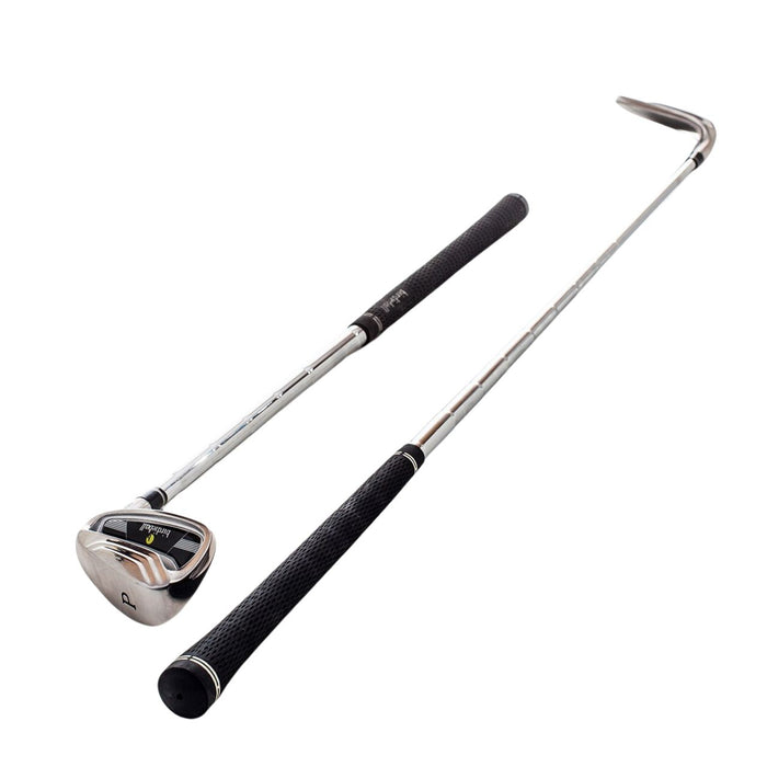 Two BirdieBall Telescoping Travel Clubs (7 Iron or Pitching Wedge), each with black grips, are positioned diagonally—one displays the club head, while the other shows the grip end.