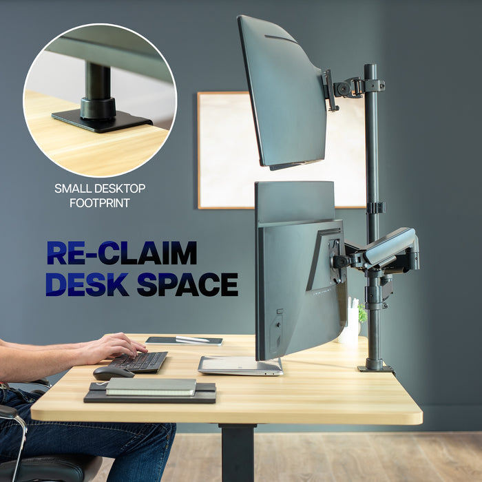 Space-saving triple monitor desk mount elevating three screens to reclaim usable desktop workspace