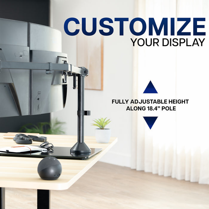 Adjustable triple monitor desk stand for customizing monitor height, angle, and positioning at a workstation