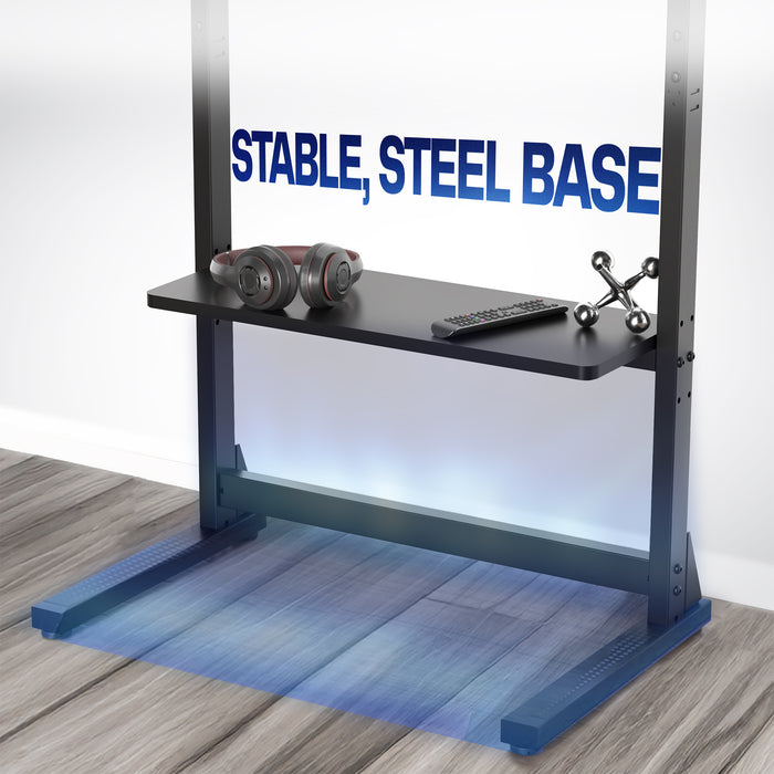 Base of a TV floor stand with text on a white background.
