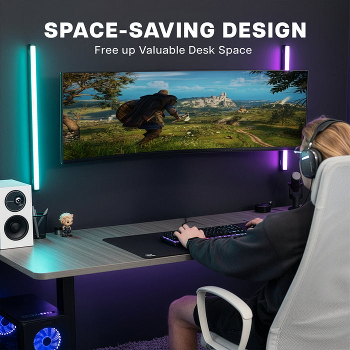 Space-saving ultrawide monitor wall mount holding a large curved gaming monitor above a clutter-free desk