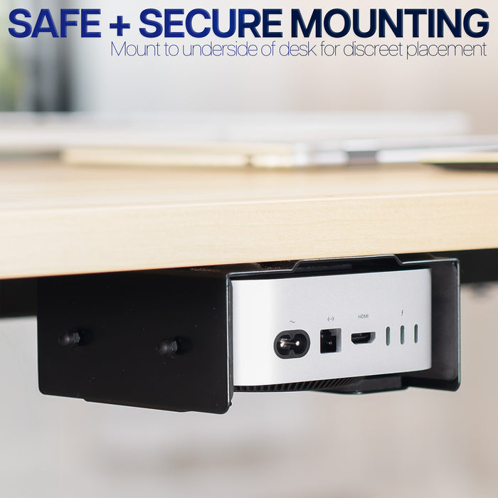 Under-desk mounting option with text about safe and secure mounting.