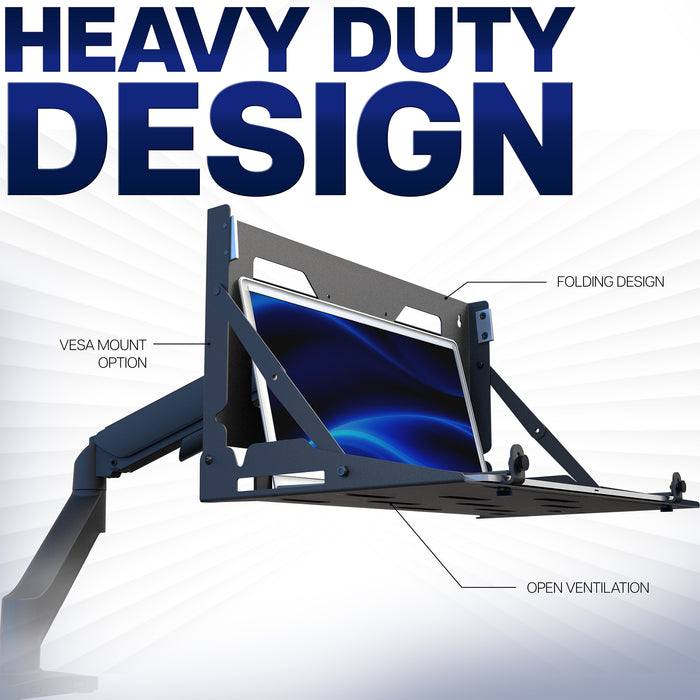 VIVO VESA mount shown to be heavy duty with a folding design and open ventilation while mounted to a monitor arm