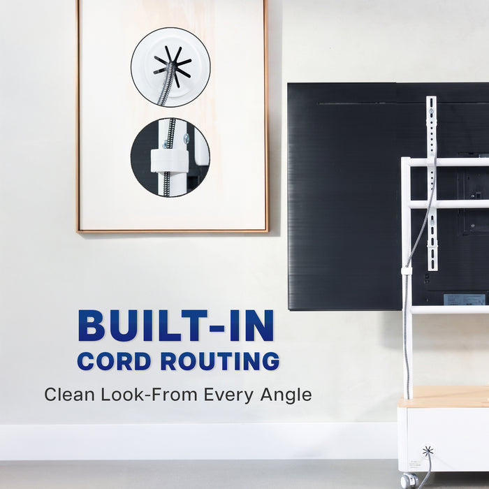 White TV cart with built-in cord routing for clean cable management behind a flat-screen television