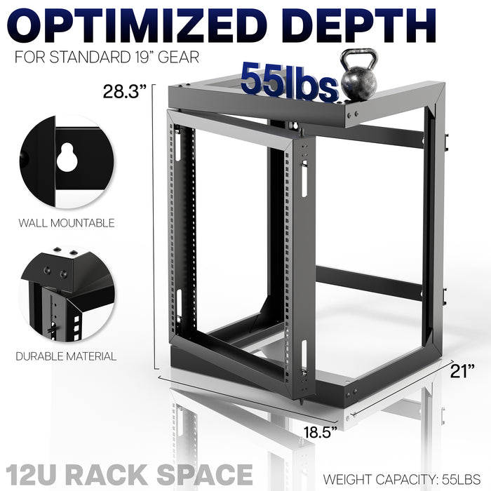 Diagram showing the product dimensions for the wall mounted server rack that holds 55 lbs