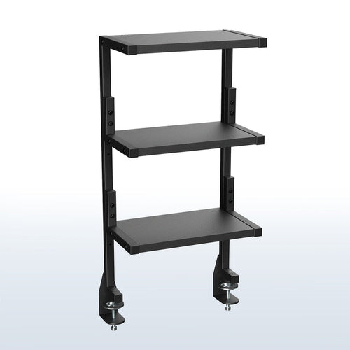 A black 13-inch clamp-on 3-tier shelving unit for desks.