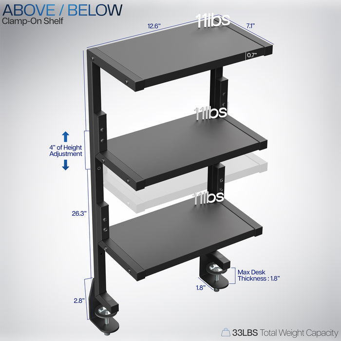 A black 13-inch clamp-on 3-tier shelving unit for desks.