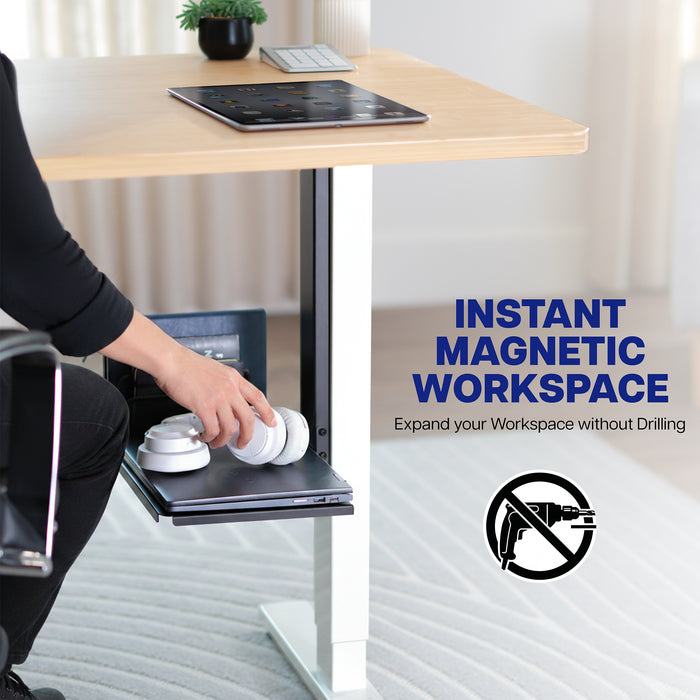 Portable magnetic shelf with four strong magnets for quick, tool-free attachment to flat steel surfaces.