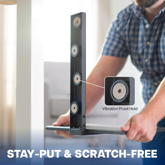 Heavy-duty magnetic utility shelf securely attached to a steel surface for hands-free storage and work.
