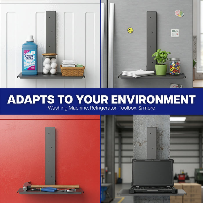 Portable magnetic storage shelf for offices, kitchens, workshops, steel desks, and other metal surfaces.