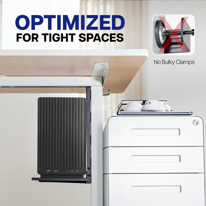 Magnetic steel shelf providing extra storage in tight spaces without taking up desk or floor space.