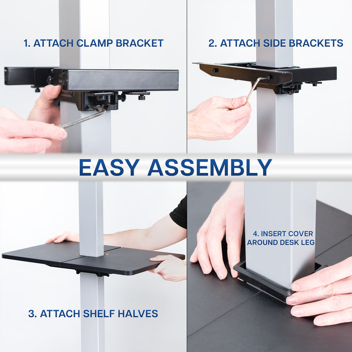 Under desk floating shelf platform that clamps onto desk leg. Provides convenient hidden storage that adjusts with your sit to stand desk.