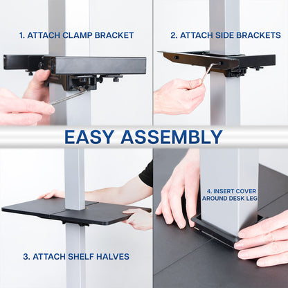Under desk floating shelf platform that clamps onto desk leg. Provides convenient hidden storage that adjusts with your sit to stand desk.