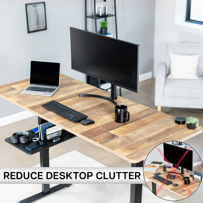 Under desk floating shelf platform that clamps onto desk leg. Provides convenient hidden storage that adjusts with your sit to stand desk.