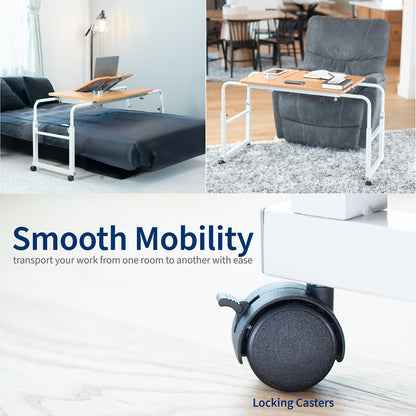 Collage of a mobile desk with wheels in various settings, emphasizing smooth mobility.