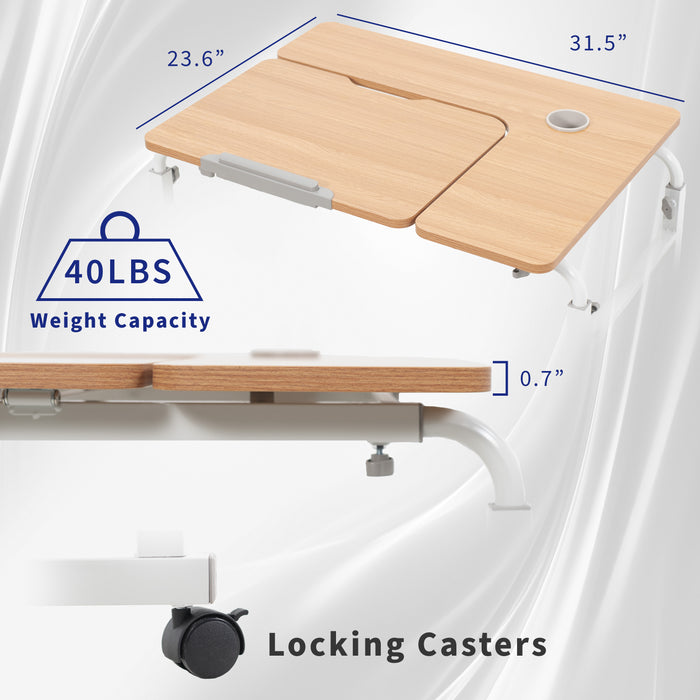 Wooden desk with adjustable tray, measurements, and weight capacity label on a white background