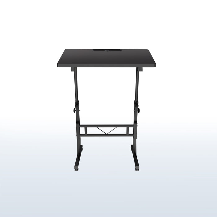 Black adjustable desk cart on a white background