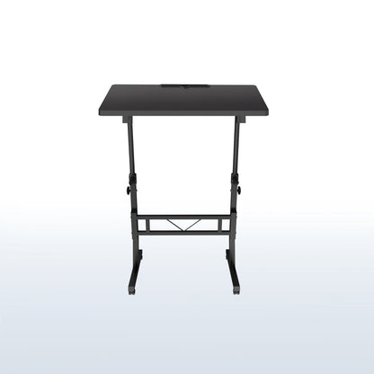 Black adjustable desk cart on a white background