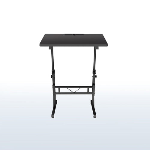 Black adjustable desk cart on a white background