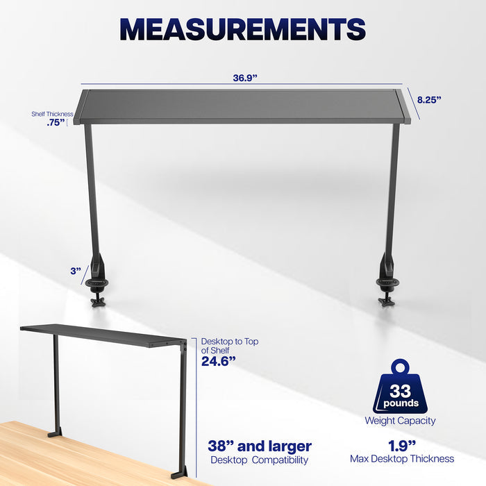 38-inch clamp-on overhead shelf dimensions showing adjustable height and storage space above a desk