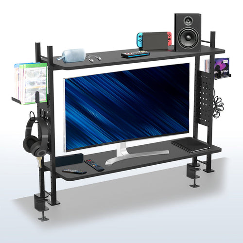 Large clamp-on adjustable shelving system for storage, organization, or gaming.