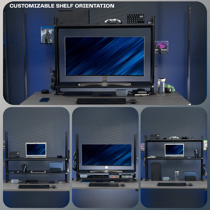 Large clamp-on adjustable shelving system for storage, organization, or gaming.